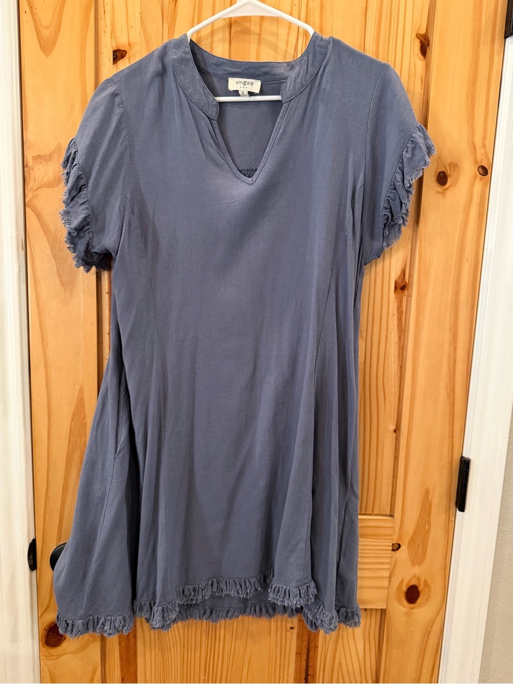 Umgee Dusty Blue Short-Sleeve Tunic with Fringe Trim